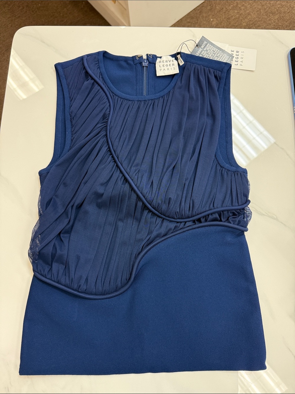 Herve Leger Classic Navy Blue Pleated Sleeveless Top NWT